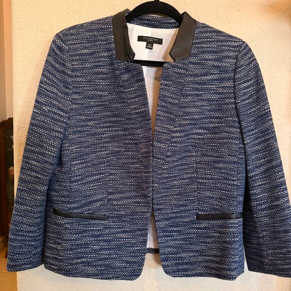 Ann Taylor Woman's 12P Blazer, Blue & Black Tweed(Woven) w/ Black Leather Accent - Picture 1 of 3